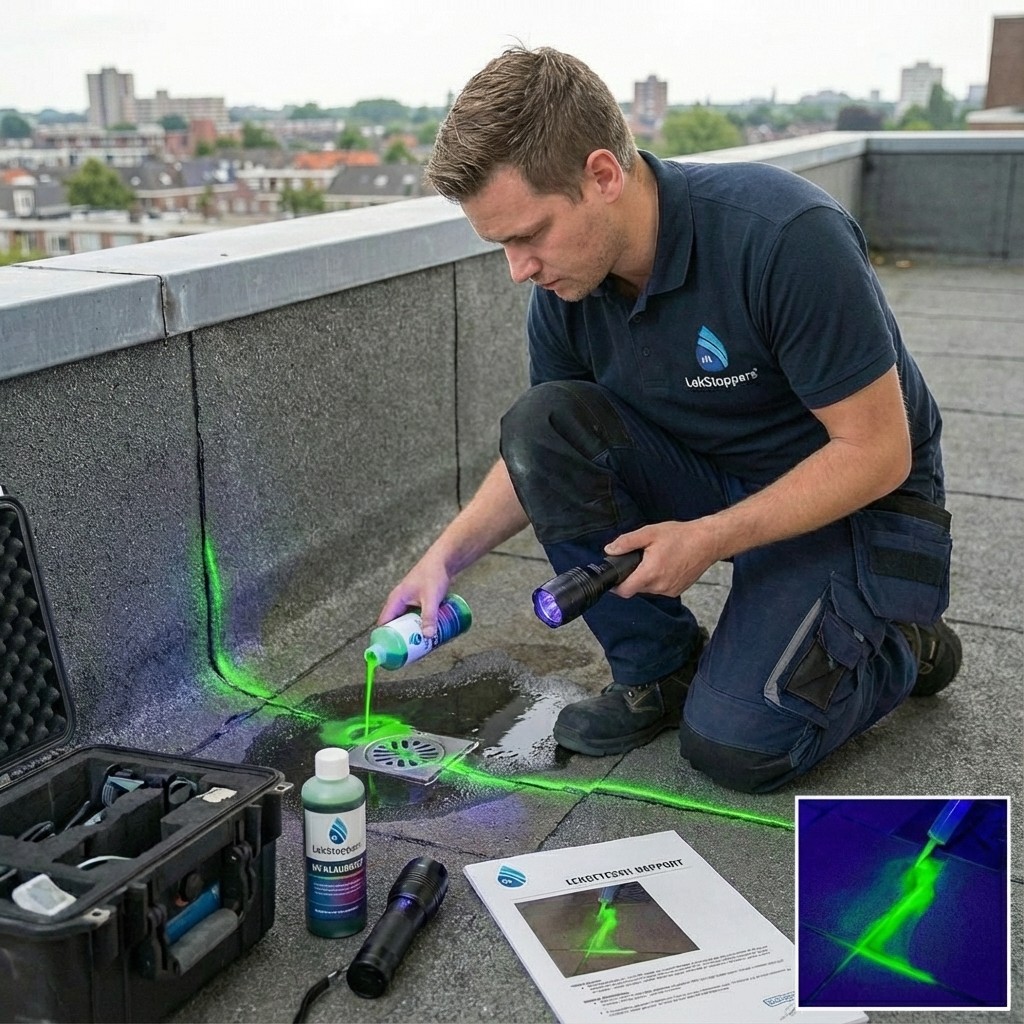 Op de foto zie je een lekkage-expert op een plat dak die een fluorescerende vloeistof rond een dakafvoer giet en met een uv-lamp de precieze lekbaan zichtbaar maakt. Het hoofddoel is om de bron van een daklekkage snel en exact te lokaliseren zonder hak- en breekwerk. Dankzij de helder groene fluorescentievloeistof in combinatie met de draagbare uv-zaklamp zie je elke scheur en naad direct oplichten, waardoor de opsporing non-invasief blijft en je direct de juiste reparatie kunt uitvoeren.